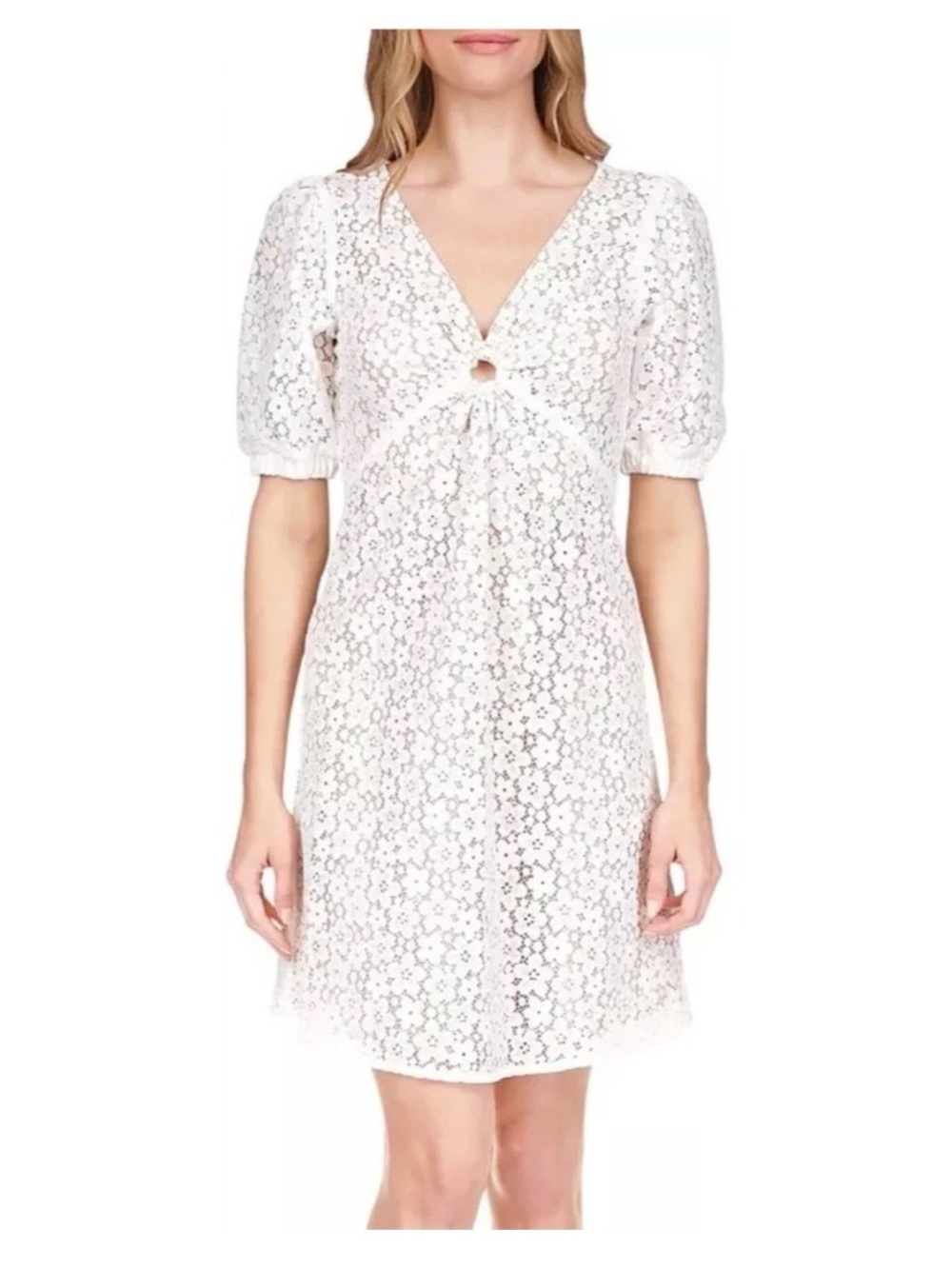 MICHAEL Michael Kors White Lace V-Neck Puff Sleeve Dress - Picture 2 of 4